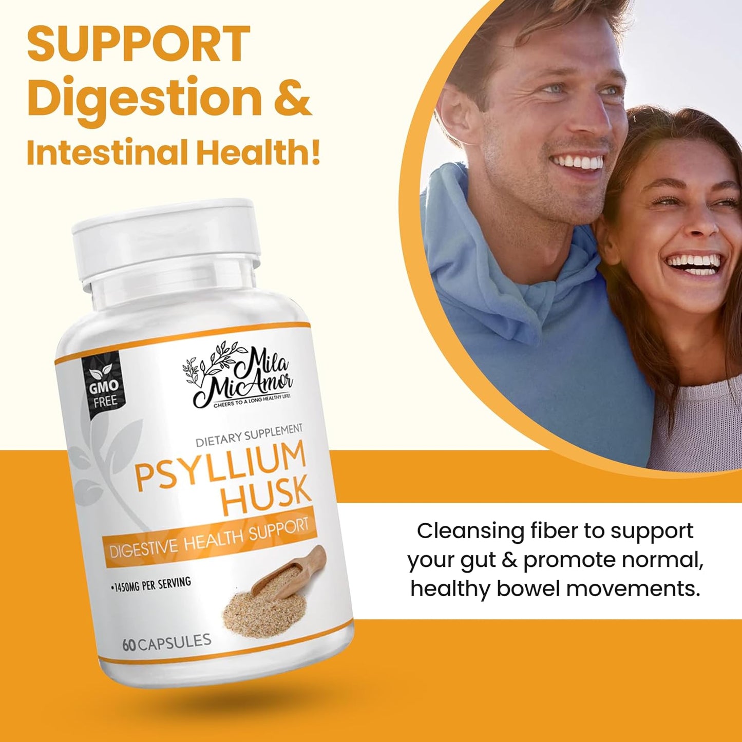 Mila Miamor Psyllium Husk Capsules – 60 Count – Gut & Colon Support Supplement – Promotes Digestive Health & Regularity – Non-GMO, High Fiber Formula