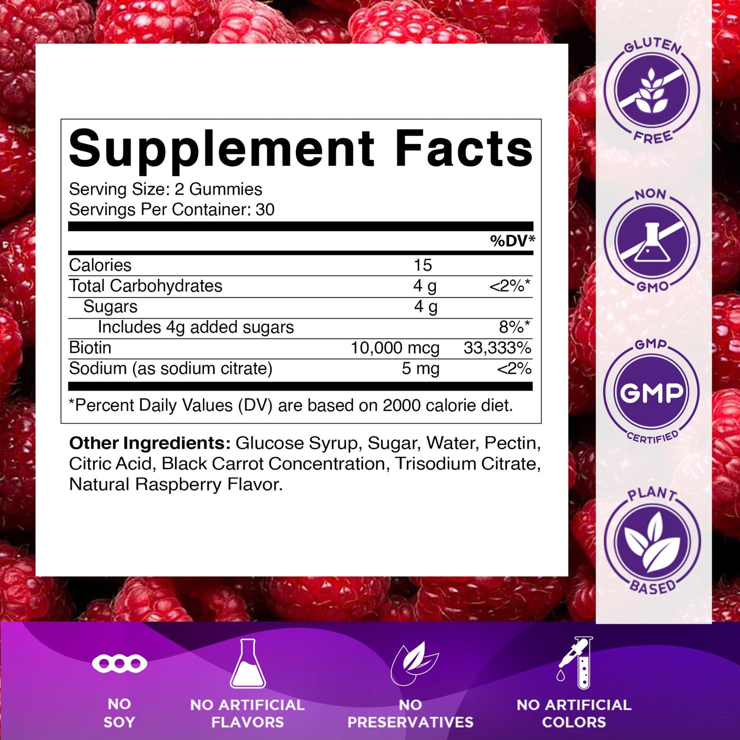 Vitamatic Biotin Gummies 10,000 mcg, 60 Vegan Gummies, Raspberry Flavor | 10000 mcg Per Serving, Natural Raspberry Flavor, Pectin Based, Non-GMO, Gluten Free, GMP Certified