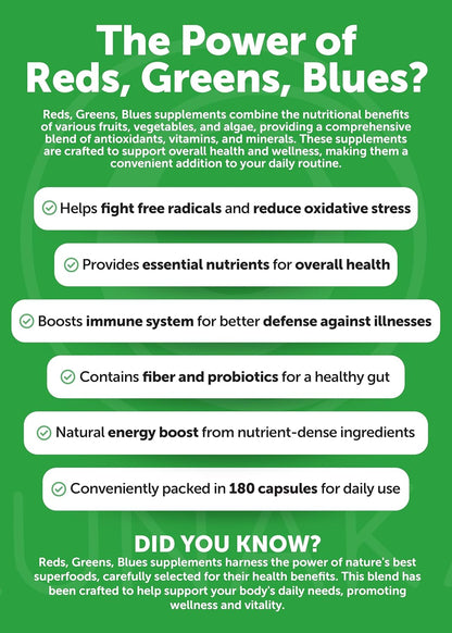 Lunakai USA Made Fruits & Veggies Supplement with 4 Superfood Blends, 180ct | Daily Greens & Reds Capsules with Antioxidants and Plant-Based Nutrients to Support Digestive & Immune Wellness