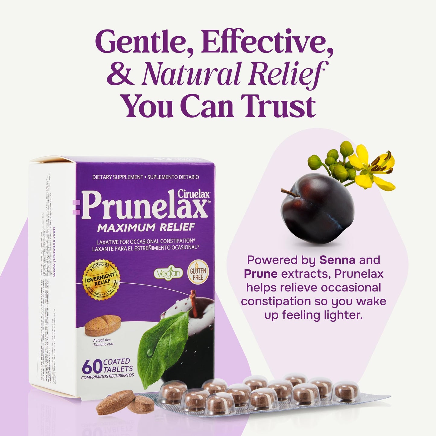 Prunelax Ciruelax Maximum Relief Laxative Tablets with Natural Senna for Occasional Constipation, Senna Extract, Vegan & Gluten-Free, Gentle Overnight Relief - 100ct