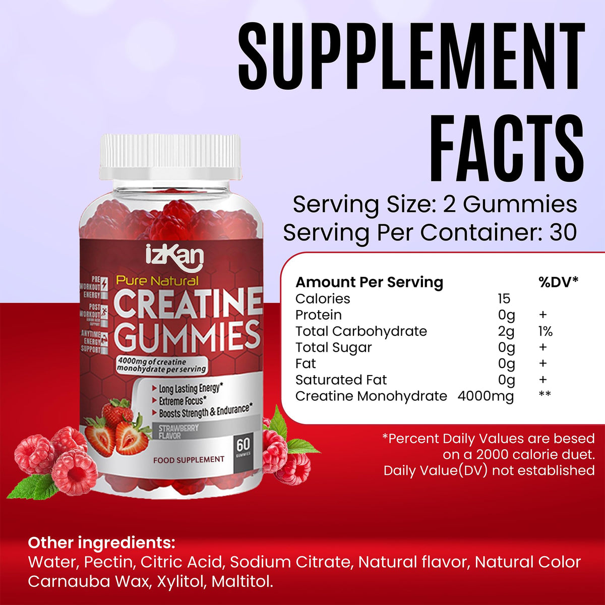 Izkan Pro Creatine Monohydrate Gummies 4000mg for Men & Women - 60 Chewable