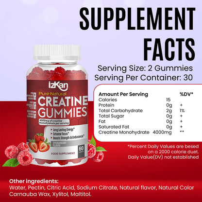 Izkan Pro Creatine Monohydrate Gummies 4000mg for Men & Women - 60 Chewable