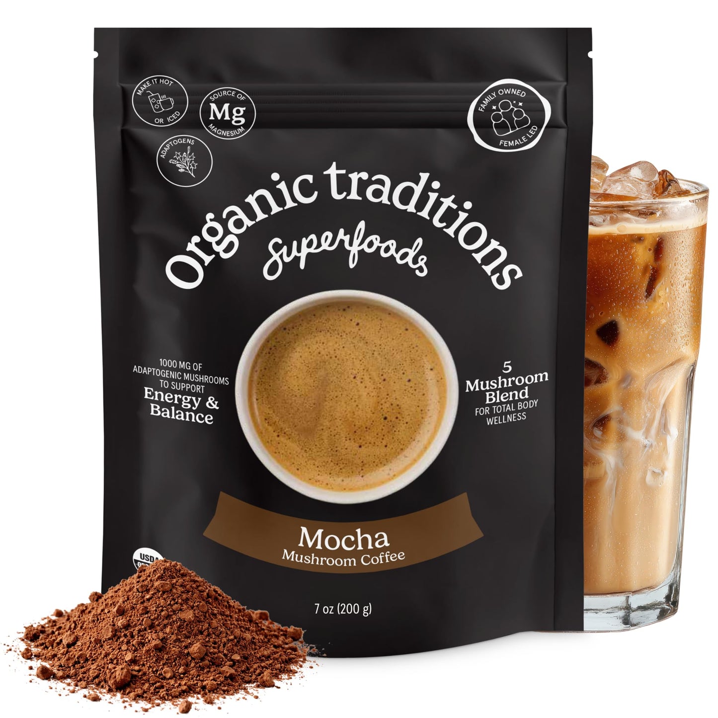Organic Traditions Mind Fuel Instant Mushroom Coffee Alternative, Caffeine Free Lion’s Mane and Maca Herbal Drink with Dandelion, Chicory, Roasted Grain Blend, Natural Focus Support, 140g / 5oz