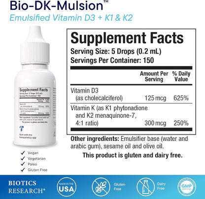 BIOTICS RESEARCH Bio-DK-Mulsion™–Emulsified Liquid Vitamin D and K, D3 Drops 125 mcg & Vitamin K (K1, K2) 300 mcg MK-7–Supports Stronger Bones, Musculoskeletal Strength, Healthy Heart & BMI 1 fl oz