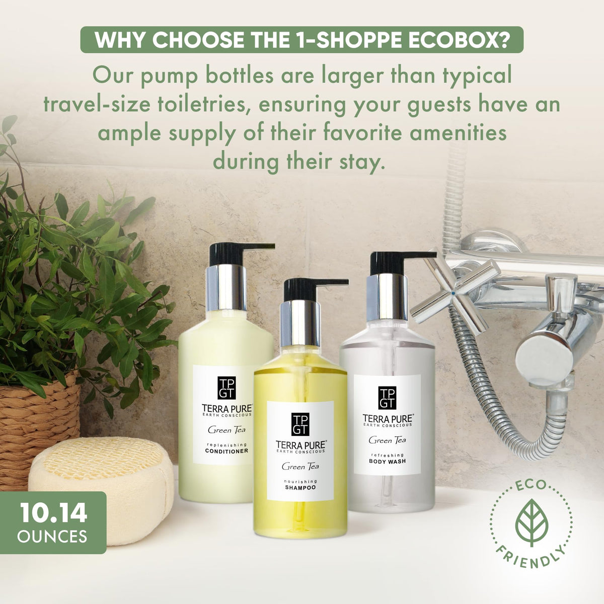 Terra Pure 1-Shoppe 30 Piece Ecobox All-In-Kit | Green Tea Soap | 12 Shampoo, 6 Conditioner
