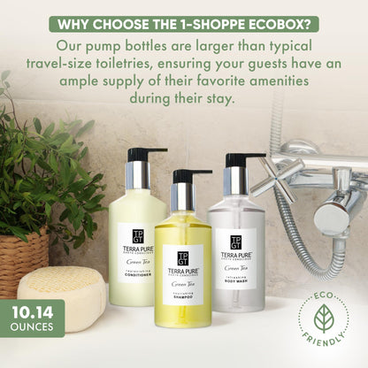 Terra Pure 1-Shoppe 30 Piece Ecobox All-In-Kit | Green Tea Soap | 12 Shampoo, 6 Conditioner