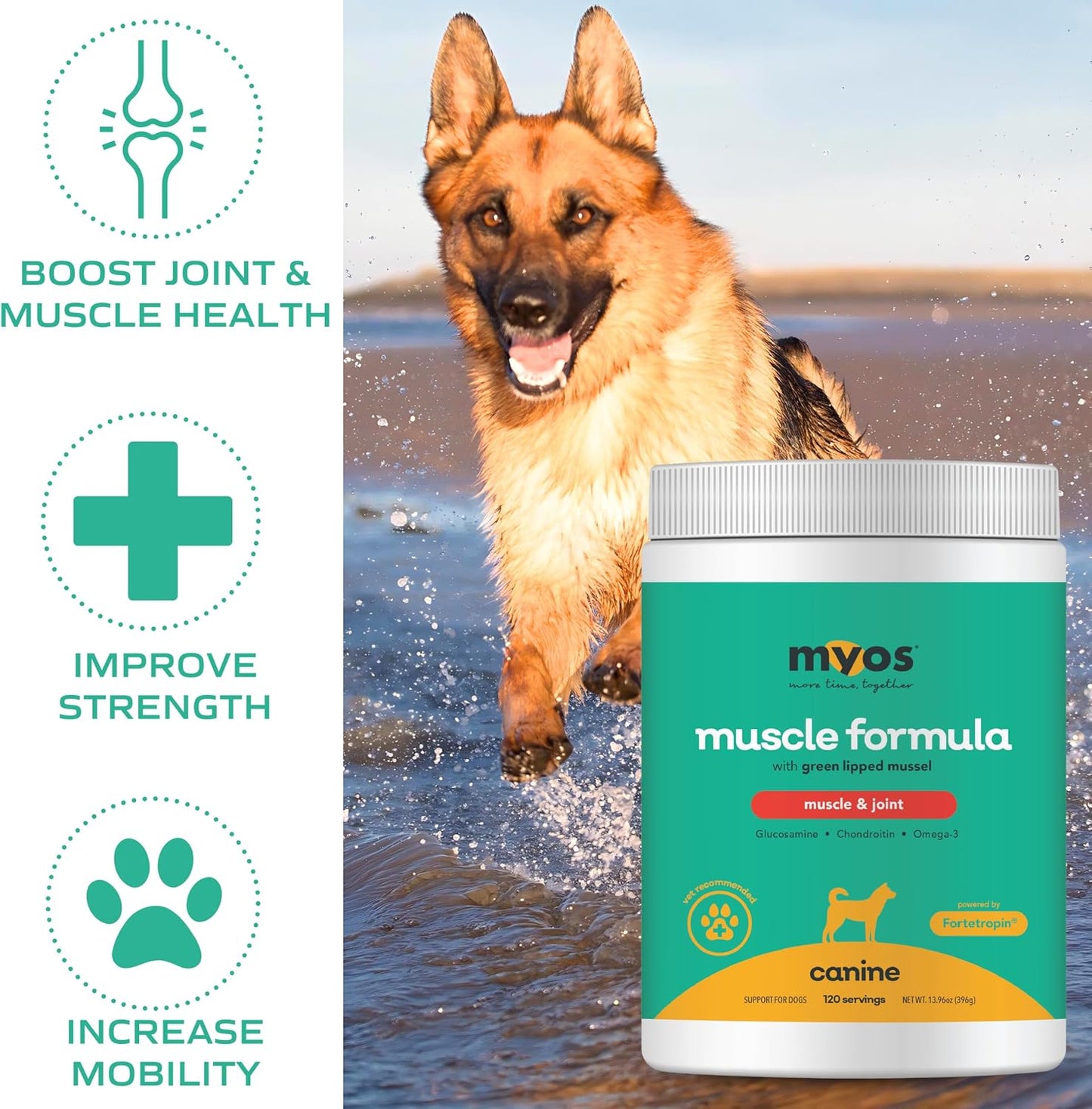 MYOS Canine Muscle & Joint Support Bundle – Fortetropin Powder with Green Lipped Mussel (396g) + Bacon-Flavored Mobility Chews with Collagen & Glucosamine (60 Count)