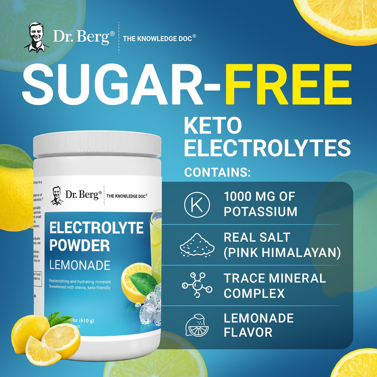 Dr. Berg Zero Sugar Hydration Keto Electrolyte Powder - Enhanced w/ 1000 mg of Potassium & Real Pink Himalayan Salt (NOT Table Salt) - Raspberry & Lemon Flavor Hydration Drink Supplement, 100 Servings
