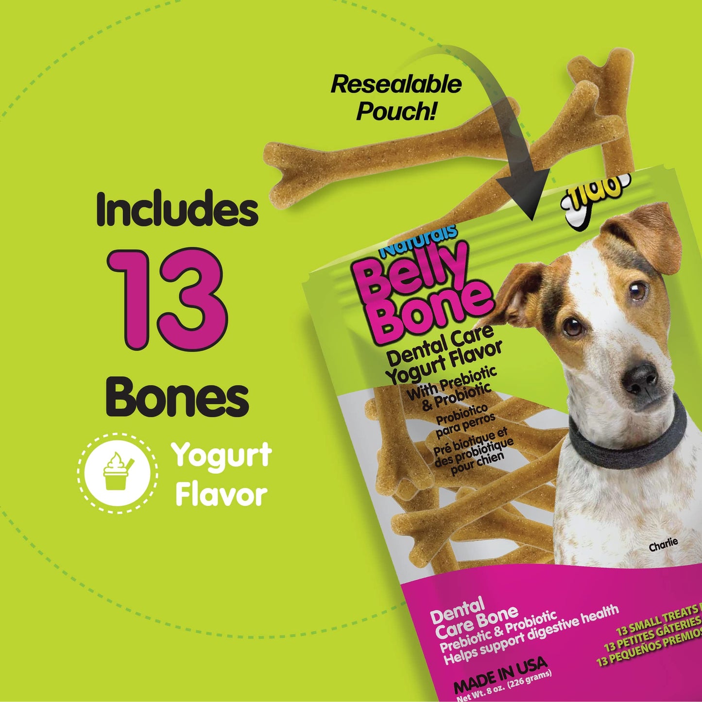 Fido Belly Bones for Dogs, Mini - 21 Count - Yogurt-Flavor Dental Treats for Small Dogs - Plaque & Tartar Control for Fresh Breath - Digestive Support - Made in USA