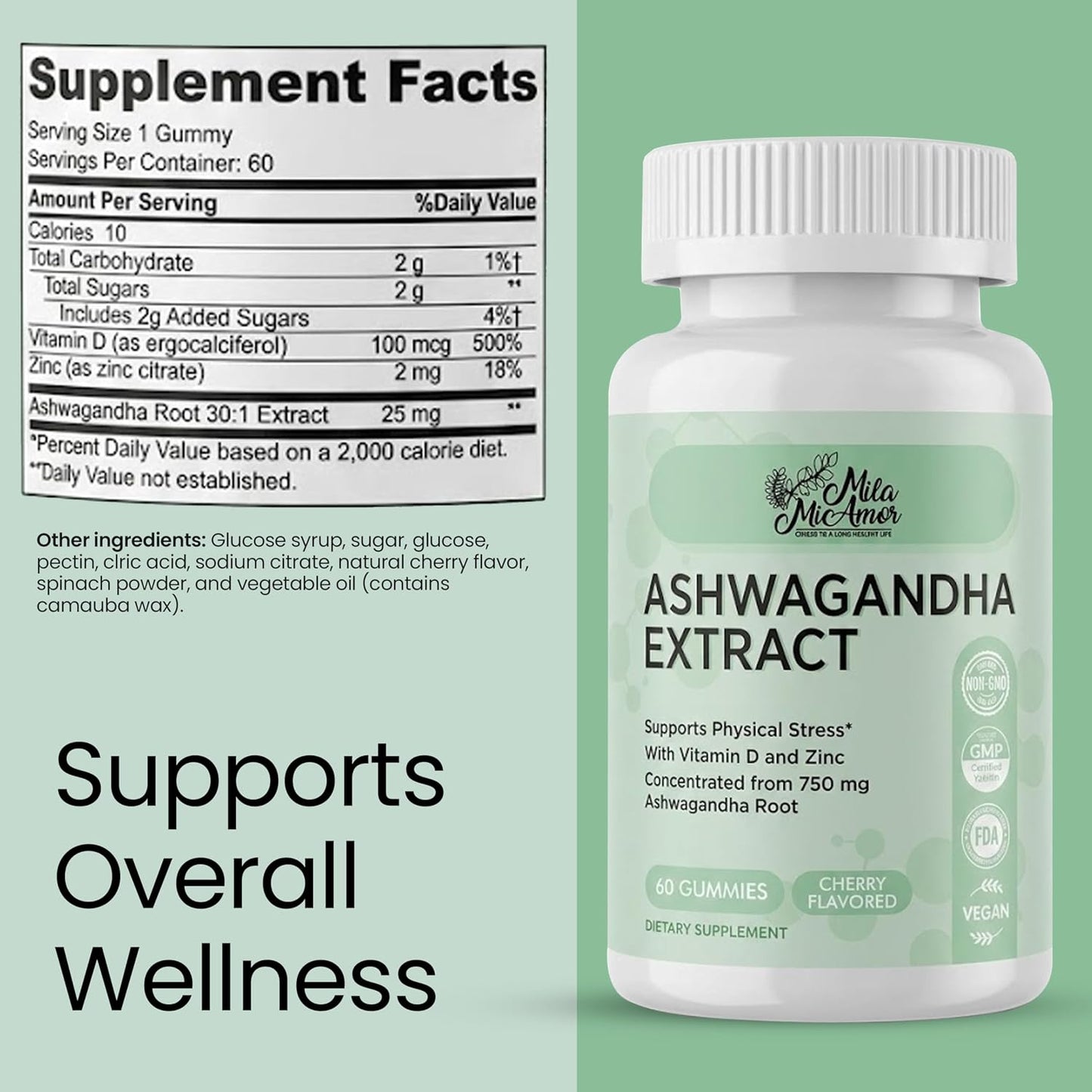 Ashwagandha Gummies 750mg with Vitamin D and Zinc - Daily Wellness Formula - Cherry Flavor, Vegan, Non-GMO - 60 Gummies