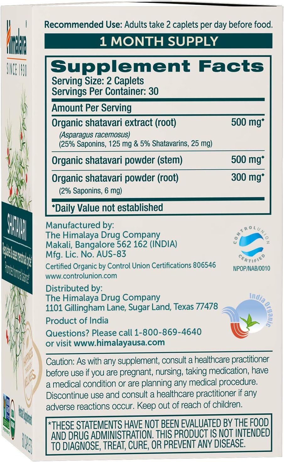 Himalaya USDA Organic Shatavari Capsules - Shatavari Capsules for Women, Promotes Hormone Balance and Menstrual Cramp Relief - Vegan, Gluten Free, 1300 mg, 60 Caplets