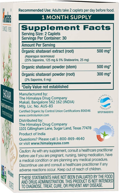 Himalaya USDA Organic Shatavari Capsules - Shatavari Capsules for Women, Promotes Hormone Balance and Menstrual Cramp Relief - Vegan, Gluten Free, 1300 mg, 60 Caplets