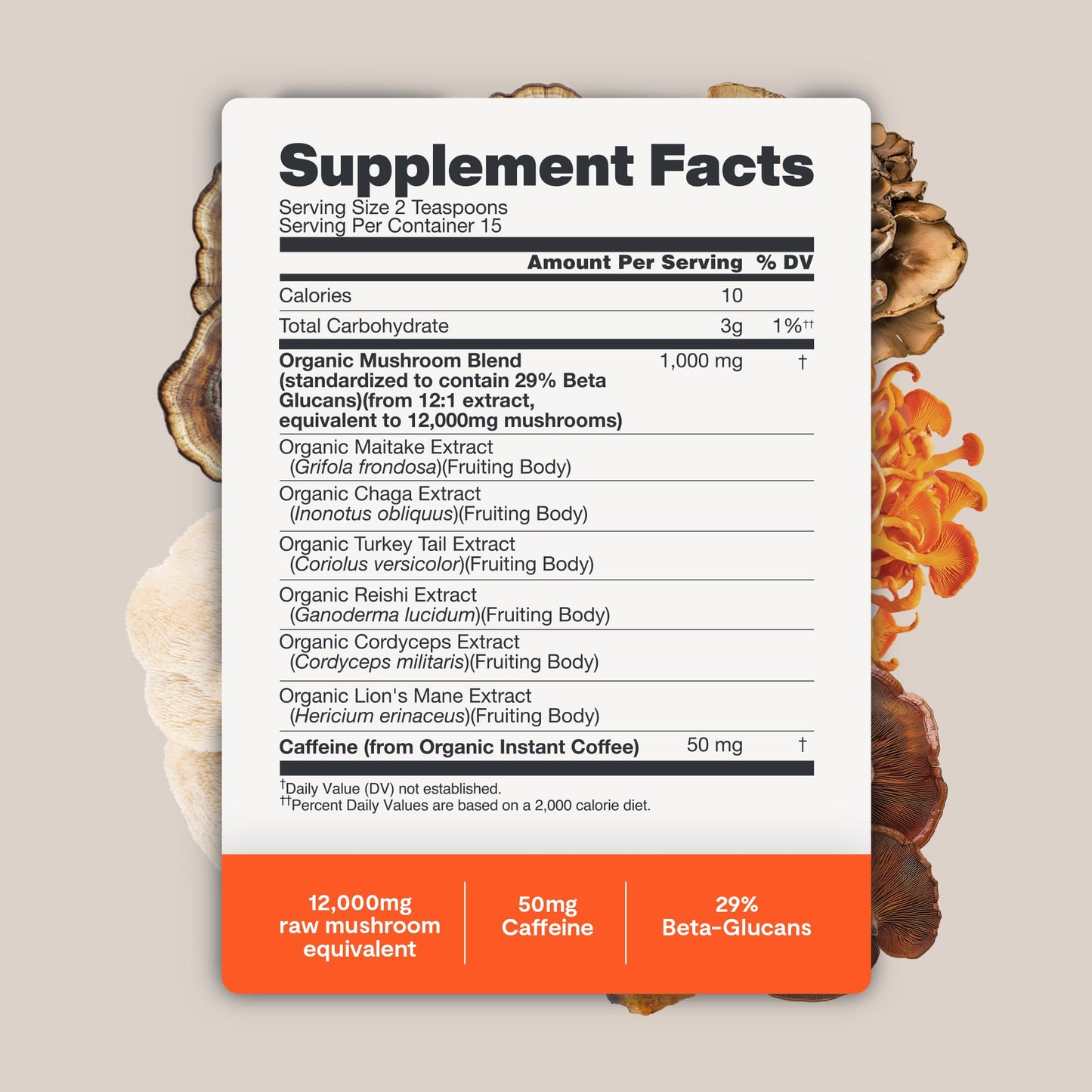Premium Organic Mushroom Coffee – 12:1 Fruiting Body Extract – 29% Beta-Glucans – Smooth Tasting, 3rd-Party Tested for Clean Energy, No Jitters, Focus, Immune Support (15 Servings)