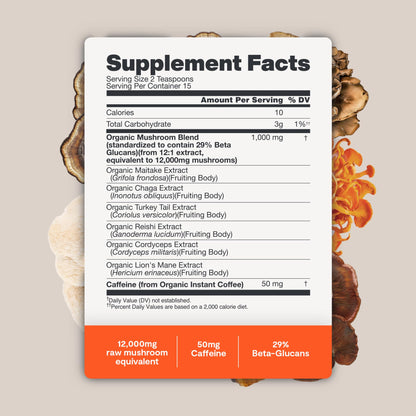 Premium Organic Mushroom Coffee – 12:1 Fruiting Body Extract – 29% Beta-Glucans – Smooth Tasting, 3rd-Party Tested for Clean Energy, No Jitters, Focus, Immune Support (15 Servings)