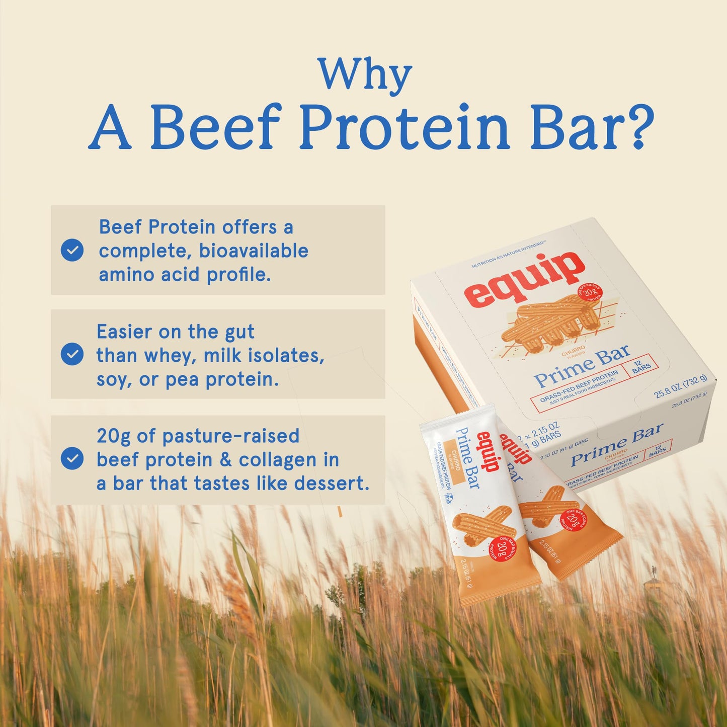 Equip Foods High Protein Prime Bars – Grass Fed Beef Protein, Collagen & Tallow – Gut Friendly, Gluten Free 20g Protein Bars - Only Real-Food Ingredients - Peanut Butter Chocolate, 12 Count