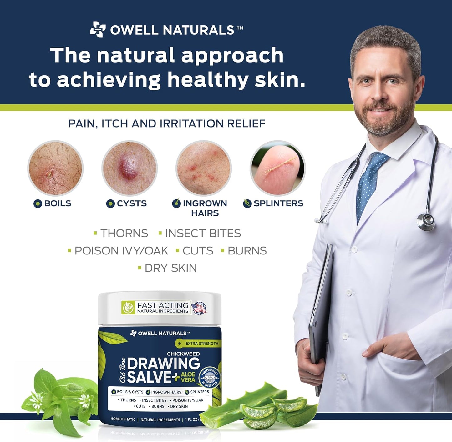 Owell naturals Chickweed Drawing Salve with Aloe Vera for boils, Cyst, Splinters, Poison Ivy/Oak, Skin Disorder, Irritations, Burns, Minor Cuts, Dry Skin, Itching
