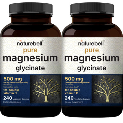 Naturebell Pure Magnesium Glycinate 500mg, 240 Veggie Capsules | 100% Chelated & Purified – 3rd Party Tested, Vegan Friendly, Non-GMO, Filler Free