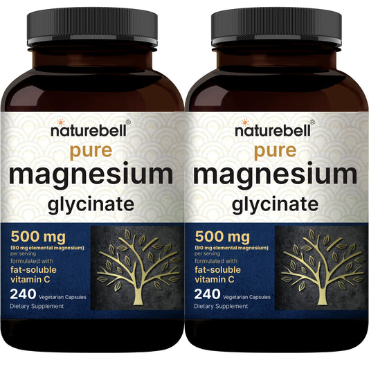 Naturebell Pure Magnesium Glycinate 500mg, 240 Veggie Capsules | 100% Chelated & Purified – 3rd Party Tested, Vegan Friendly, Non-GMO, Filler Free