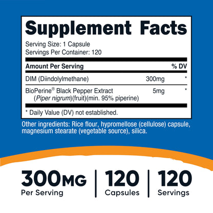 Nutricost DIM (Diindolylmethane) Plus BioPerine 300mg, 120 Vegetarian Capsules - Up to 4 Month Supply, Max Strength DIM Supplement