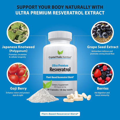 100% Natural Resveratrol Supplement - Trans-Resveratrol Supports Aging - Antioxidants Supplement Promotes Immune System & Joint Support (60 Capsules)