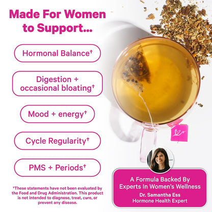 Pink Stork Organic PMS Tea for Hormone Balance, Mood Swings, Bloating, and Period Regularity - 8 Herbs - Vitex, Red Raspberry Leaf, Chamomile - Caffeine-Free - 15 Sachets, Hot or Iced