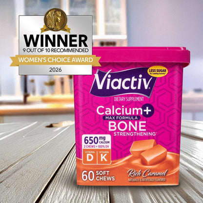 Viactiv Calcium + Vitamin D Supplement Soft Chews for Women & Men - Chewable Calcium for Bone Health Support, 650 mg per Serving, Vitamin D & K for High Absorption - 60 Count, Caramel