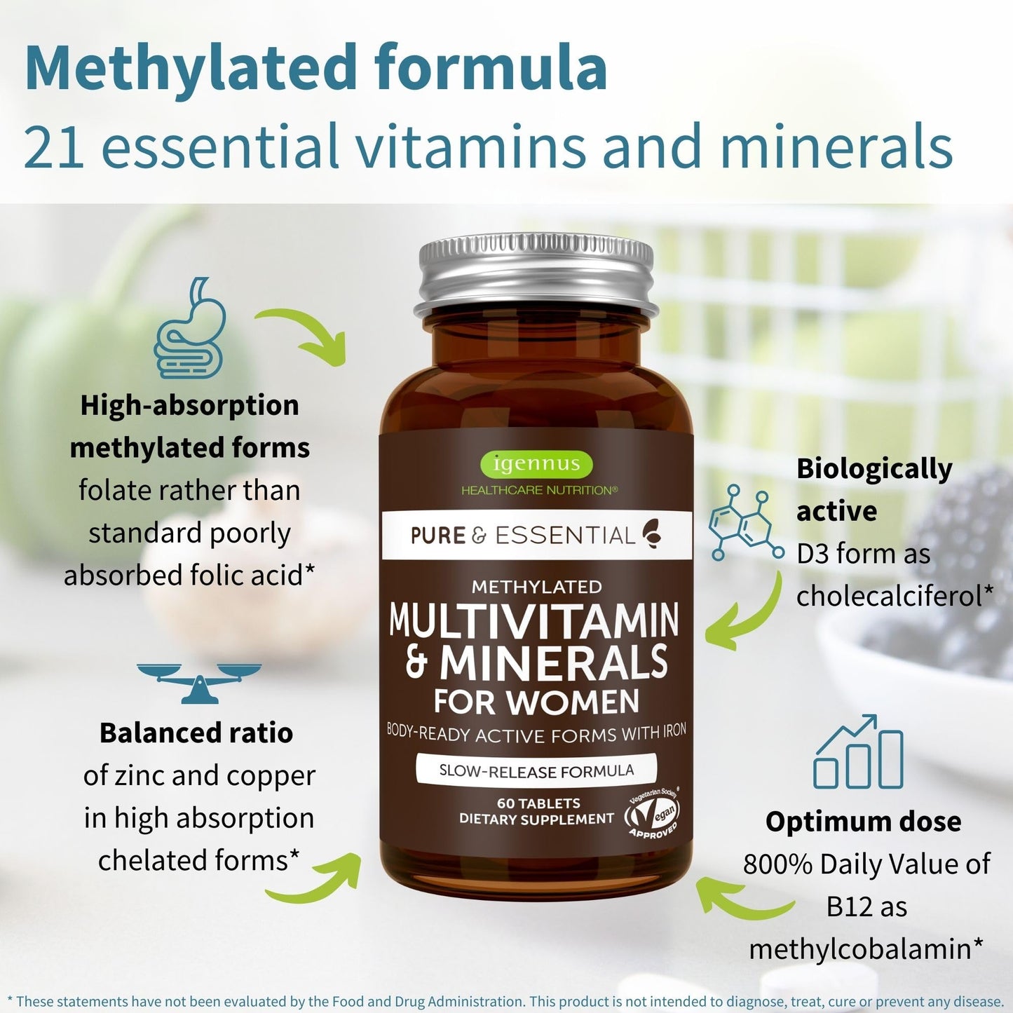 Igennus Methylated Multivitamin for Men with 22 Actives, 60 Tablets | Lycopene for Antioxidant Support, High Potency B12, Sustained Release, Pure & Clean, Non-GMO & Halal