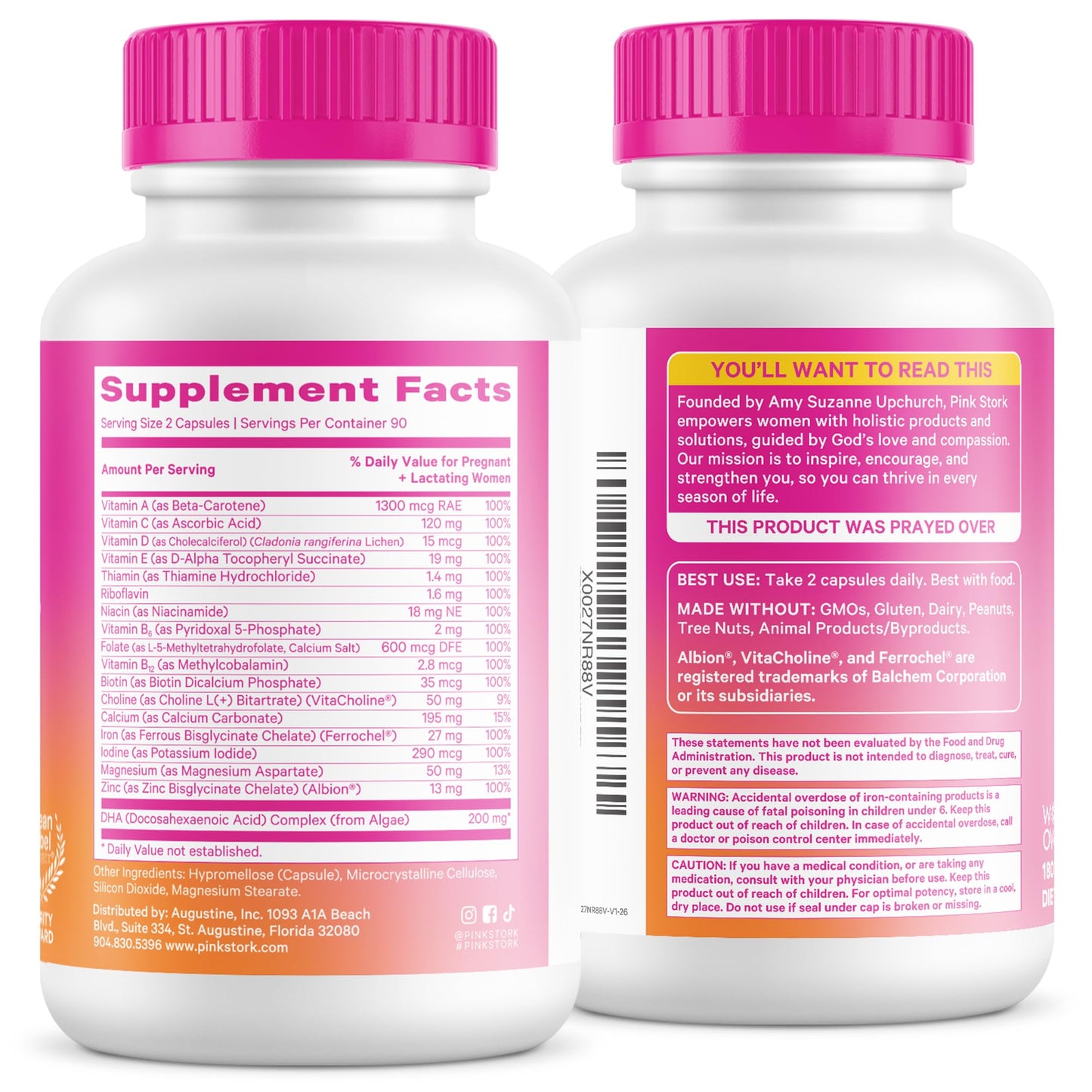 Pink Stork Total Prenatal Vitamins, No Fishy Burps, 60 Capsules, Berry | Clean Label Award, Support Fetal Development, Vegan DHA, Methylfolate, Iron, Choline, Vitamin B12, Pregnancy Essentials,