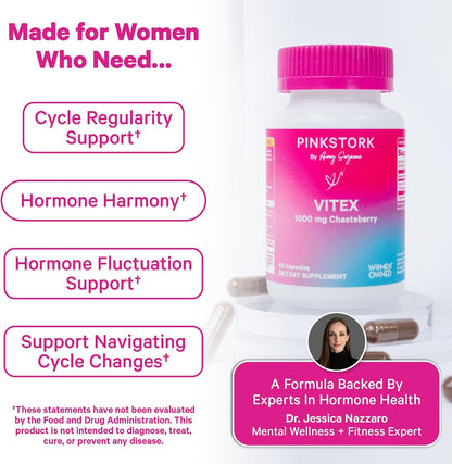 Pink Stork Organic Vitex, 1000 mg, 60 Vegan Capsules | Chaste Tree Berry, Plant-Based Support, Perimenopause & Hormonal Harmony, Supports Cycle Regularity & Hormone Balance