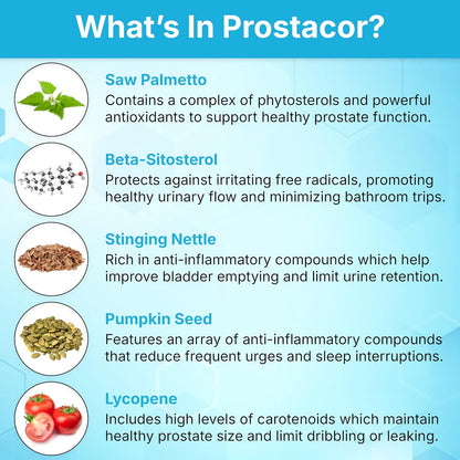 Prostacor Natural Prostate Support Supplement for Men, Vegan, Gluten-Free | Supports Healthy Urine Flow, Fewer Urges, Bladder Control, and Uninterrupted, Restful Sleep Through the Night, 30-Day Supply