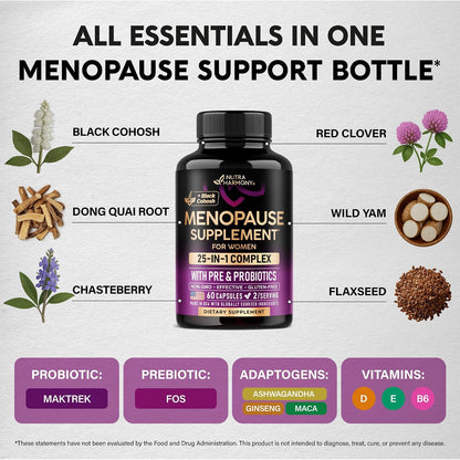 Menopause Supplements for Women - Dong Quai, Black Cohosh, Pre & Probiotics - Sweats & Hot Flashes Relief - Digestion, Sleep & Mood Support - 25-in-1 Perimenopause Complex - Lab Tested - 60 Capsules
