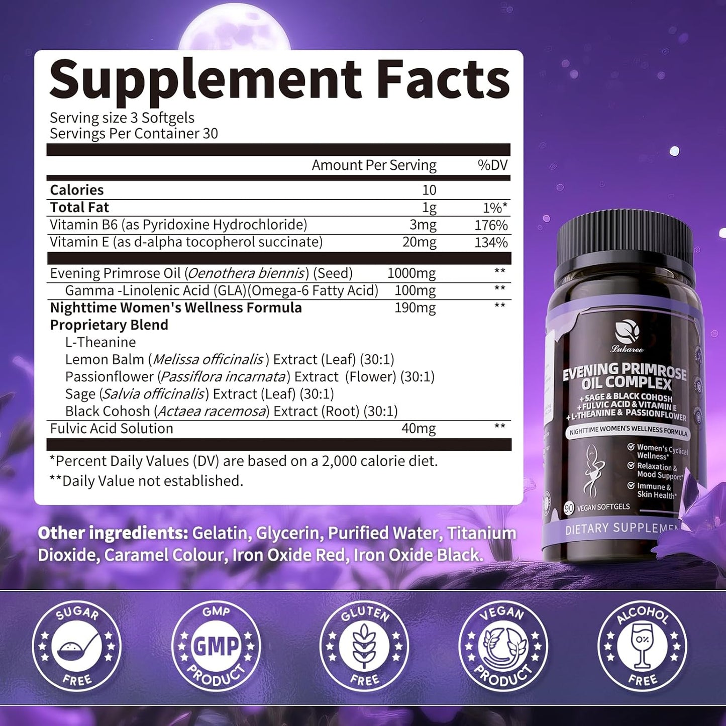 Evening Primrose Oil 1000mg - Hormone Balance for Women & Mood | Primrose Oil Capsules Cold-Pressed w/10% GLA, Essential Fatty Acids, L-Theanine for Mood, Skin & Immune, 90 Softgels