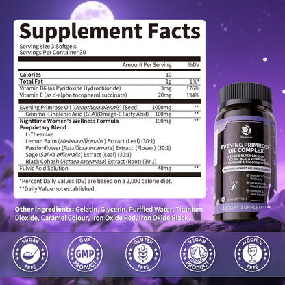 Evening Primrose Oil 1000mg - Hormone Balance for Women & Mood | Primrose Oil Capsules Cold-Pressed w/10% GLA, Essential Fatty Acids, L-Theanine for Mood, Skin & Immune, 90 Softgels