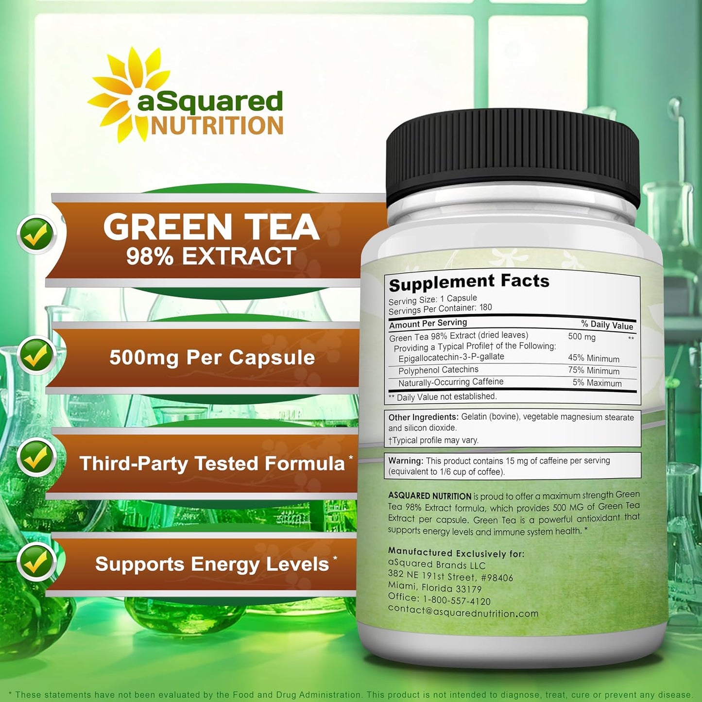 aSquared Nutrition Green Tea Extract with EGCG – 180 Capsules – 500mg per Capsule – 75% Polyphenols, 45% EGCG – Antioxidant Support, Heart Health, Natural Detox – Low Caffeine Supplement