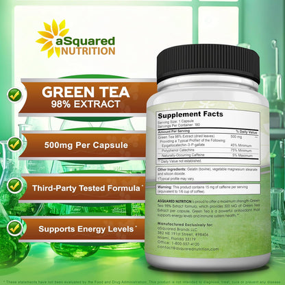 aSquared Nutrition Green Tea Extract with EGCG – 180 Capsules – 500mg per Capsule – 75% Polyphenols, 45% EGCG – Antioxidant Support, Heart Health, Natural Detox – Low Caffeine Supplement