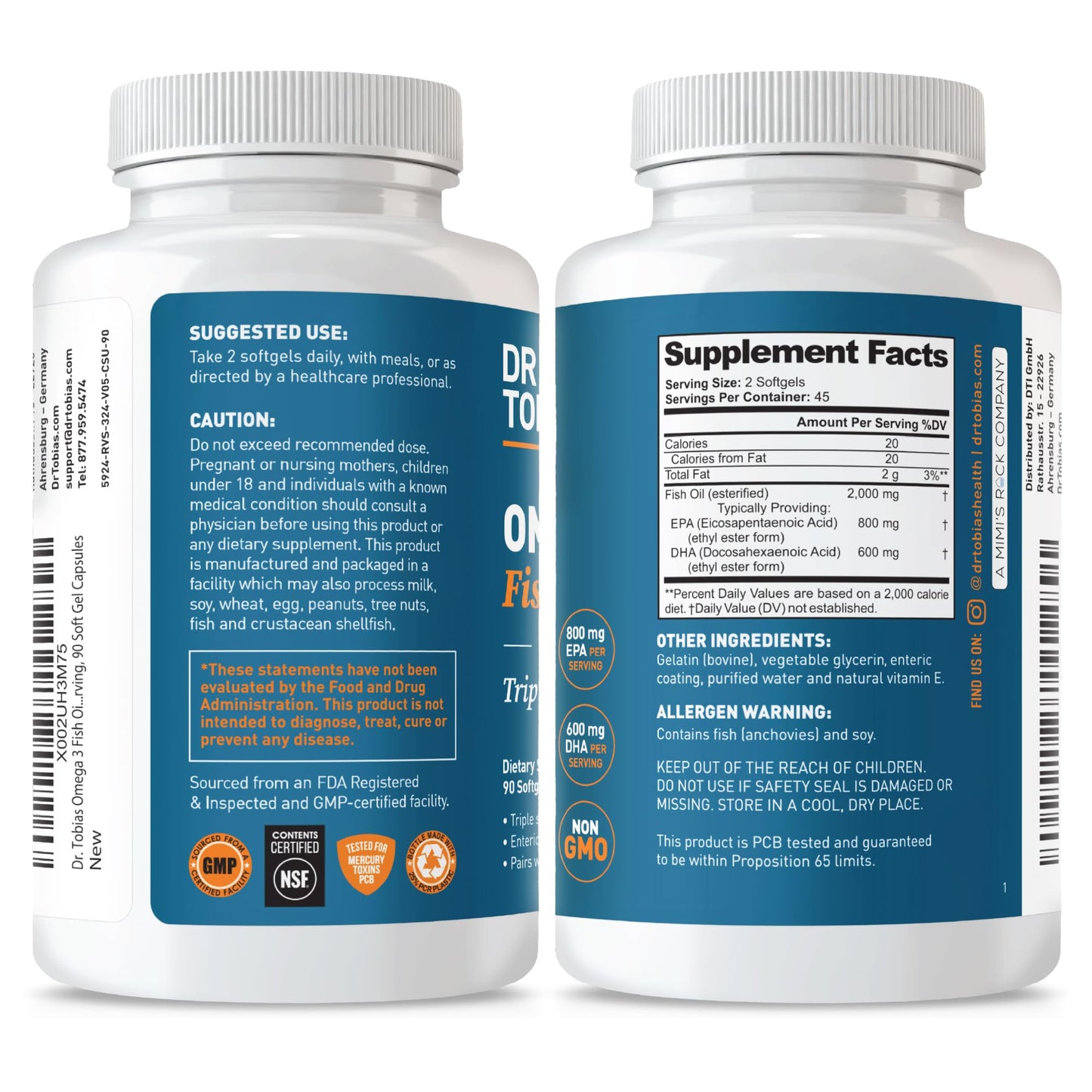 Dr. Tobias Omega 3 Fish Oil 2000mg Triple Strength | 180 Softgels | Heart, Brain & Joint Support | 2,000 mg Fish Oil | 800 mg EPA + 600 mg DHA | Delayed Release Omega 3 Supplement | 90 Servings