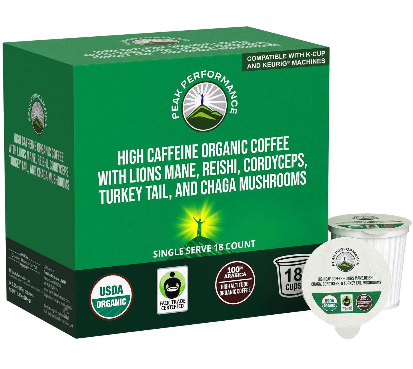 Organic Mushroom Coffee Pods with Lion's Mane, Reishi, Cordyceps, Turkey Tail, and Chaga Mushrooms. High Altitude, Low Acid, Smooth Tasting, Fair Trade, Instant Nootropic Coffee (Medium Roast Ground)