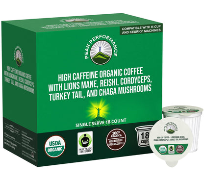 Organic Mushroom Coffee Pods with Lion's Mane, Reishi, Cordyceps, Turkey Tail, and Chaga Mushrooms. High Altitude, Low Acid, Smooth Tasting, Fair Trade, Instant Nootropic Coffee (Medium Roast Ground)