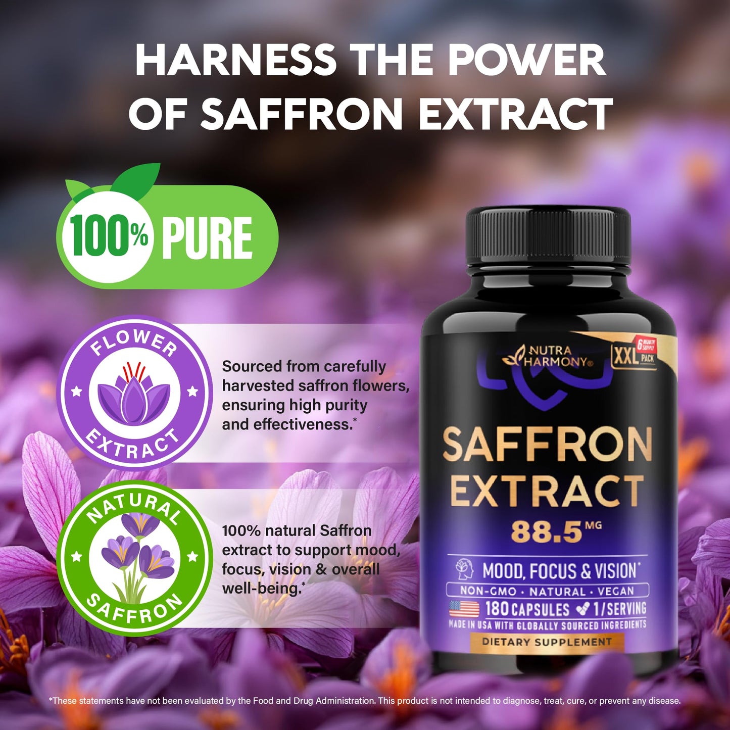 Natural Saffron Supplements - Pure Saffron Extract 88.5 mg - Mood | Focus | Vision | Energy Support - Eye Health for Women & Men - Lab Tested - NonGMO Vegan Pills - 90 Powder Capsules, 3 Month Supply