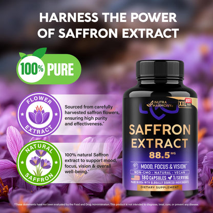 Natural Saffron Supplements - Pure Saffron Extract 88.5 mg - Mood | Focus | Vision | Energy Support - Eye Health for Women & Men - Lab Tested - NonGMO Vegan Pills - 90 Powder Capsules, 3 Month Supply
