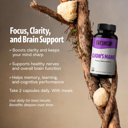 FreshCap Mushrooms Premium Organic Lions Mane Capsules - 14:1 Fruiting Body Extract with 31% Beta-Glucans - 3rd-Party Tested Nootropic for Clarity, Focus & Cognitive Support (120 Capsules)
