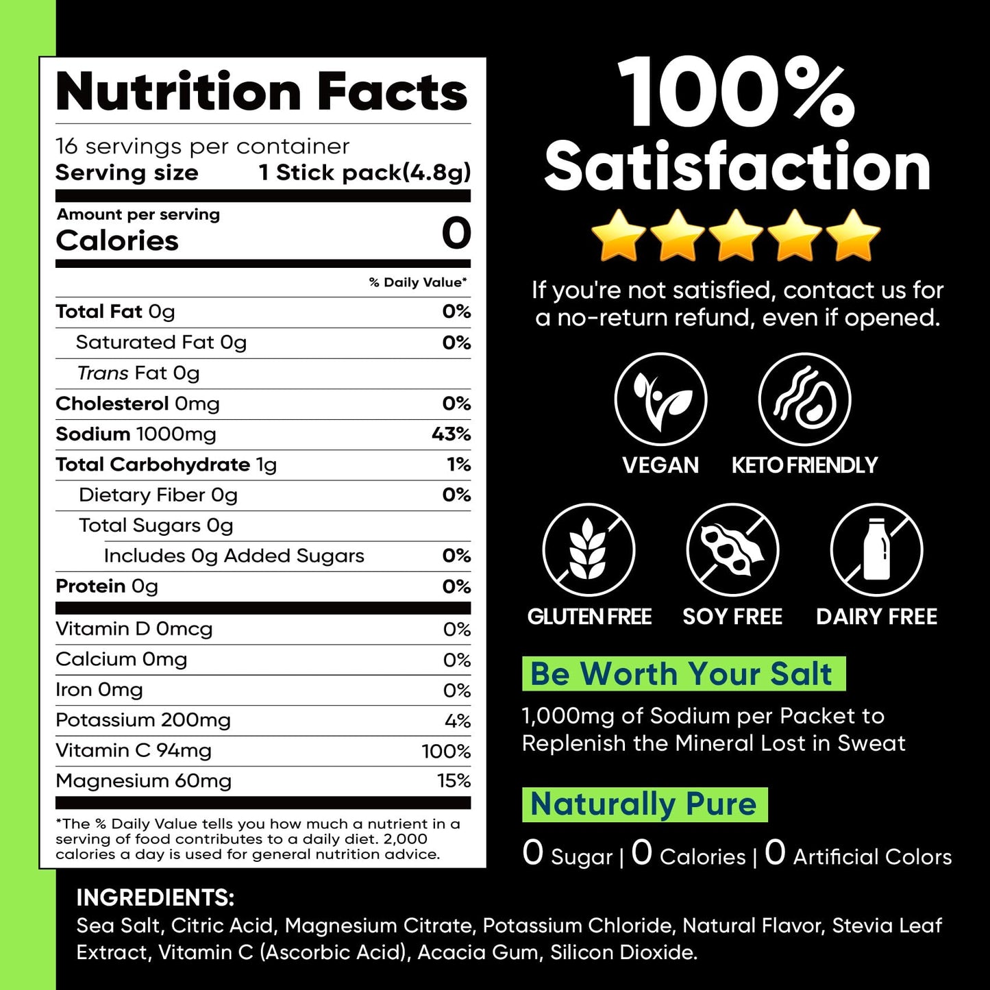 Venture Pal High Sodium Sugar-Free Electrolytes Powder Packets, 16 Sticks | Hydration Packets with Sodium, Potassium & Magnesium, Zero Calories, Keto, Vegan, and Paleo Friendly