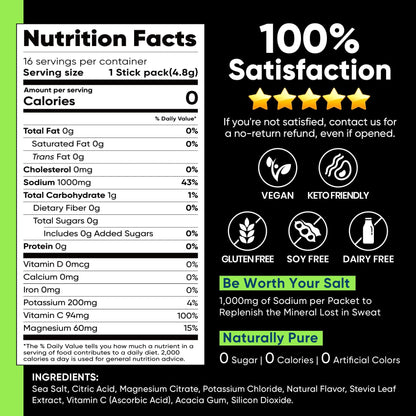 Venture Pal High Sodium Sugar-Free Electrolytes Powder Packets, 16 Sticks | Hydration Packets with Sodium, Potassium & Magnesium, Zero Calories, Keto, Vegan, and Paleo Friendly
