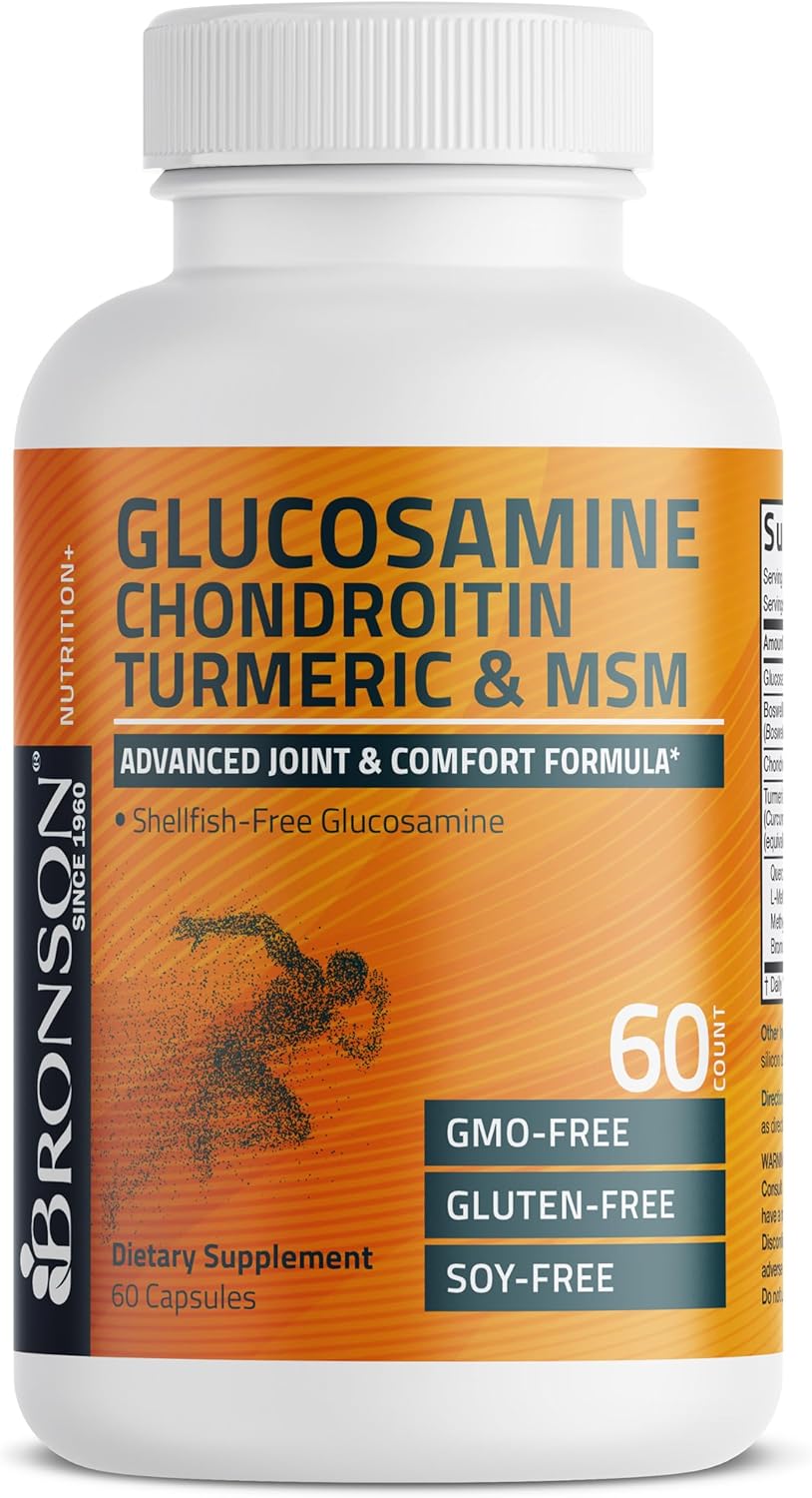 Bronson Glucosamine Chondroitin Turmeric & MSM Joint Support, 60 Capsules | Standardized Boswellia, Shellfish-Free Glucosamine, Mobility & Comfort Support, Non-GMO, Gluten-Free & Soy-Free