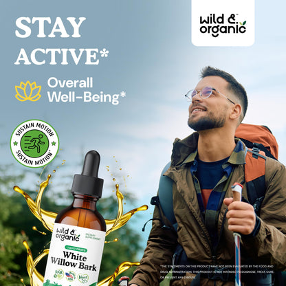 Wild & Organic White Willow Bark Tincture - Liquid Supplement for Overall Support - Alcohol & Sugar-Free White Willow Extract Drops - Salix Alba Bark - Vegan, No Additives - 4 fl oz