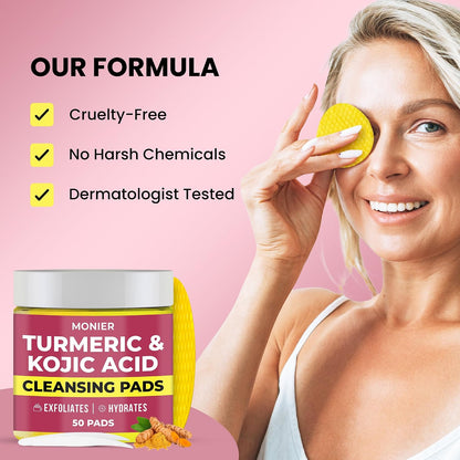 Turmeric Kojic Acid Cleansing Pads for Face Dark Spots - Hydrates & Plumps | With Vitamin C & E, Sensitive Skin Friendly (50 Pads)