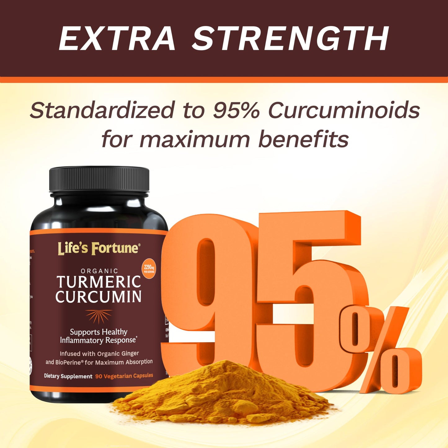 Life's Fortune Organic Turmeric Curcumin with Black Pepper and Ginger, Enhanced Absorption, Extra Strength Supplement, Joint & Immune Support, Non-GMO, 180 Cap - 2250mg