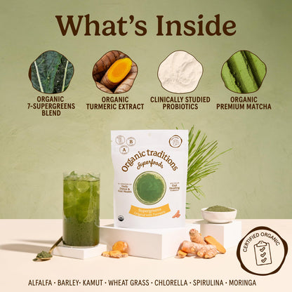 Organic Traditions Super Greens Powder with Turmeric, Organic Greens Superfood Blend with Vitamins Minerals and Probiotics, Plant Based Green Juice Mix for Smoothies and Drinks, 100g / 3.5oz Bag
