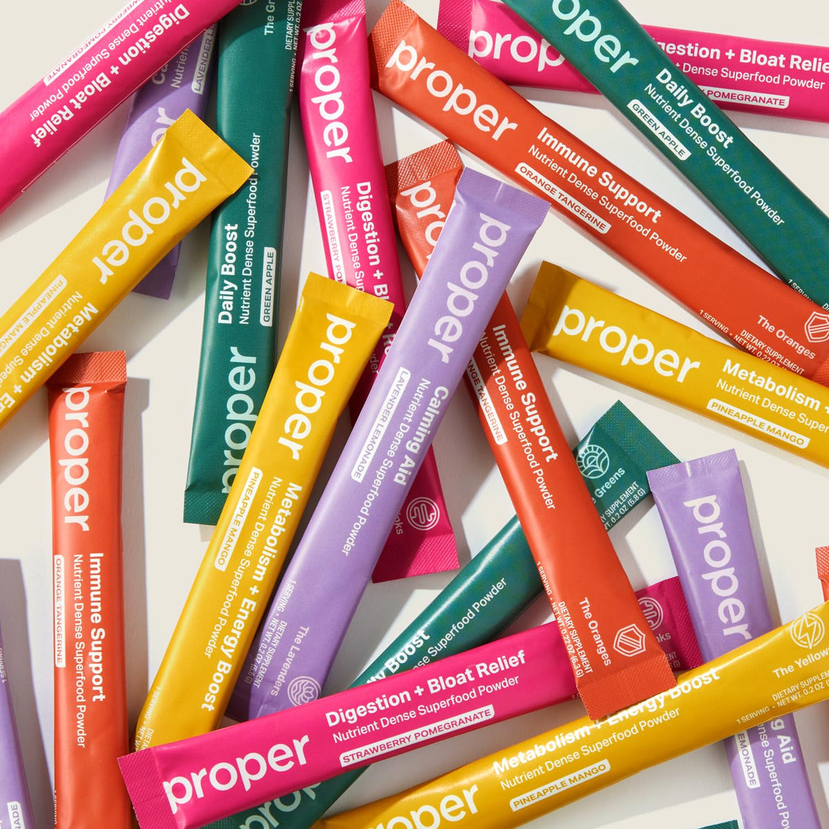 Proper The Essentials Super Foods Powder 5-Stick Variety Pack - Super Greens, Gut Health, Metabolism & Energy, Calm Magnesium Powder & Immune Support Supplement Packs