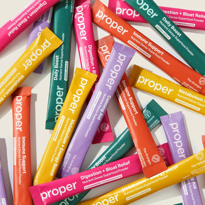 Proper The Essentials Super Foods Powder 5-Stick Variety Pack - Super Greens, Gut Health, Metabolism & Energy, Calm Magnesium Powder & Immune Support Supplement Packs